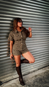 "JEZABEL" SHORT SLEEVE LEOPARD DENIM ROMPER